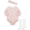 Little Me Clothes for Baby Girls’ Woven Bubble Romper, Matching Headband, and Socks Set, 3 Months to 12 Months(Barely Pink Flower)