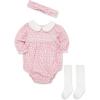 Little Me Clothes for Baby Girls’ Woven Bubble Romper, Matching Headband, and Socks Set, 3 Months to 12 Months(Chateau Rose)