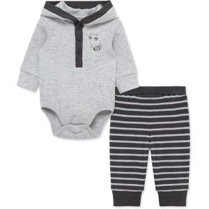 Little Me Baby Boys’ 2-Piece 100% Cotton Hooded Onesie and Pant Set, 0-24 Months(Grey Racoon)