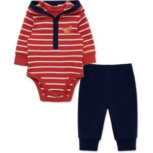 Little Me Baby Boys’ 2-Piece 100% Cotton Hooded Onesie and Pant Set, 0-24 Months(Peacoat/Cranberry)