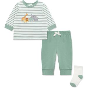 Little Me Baby Boys’ 3-Piece Jogger Set, Crew Neck Shirt, Stripe Pant, and Coordinating Socks, 3 to 24 Months(Granite Green)