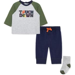 Little Me Baby Boys’ 3-Piece Jogger Set, Crew Neck Shirt, Stripe Pant, and Coordinating Socks, 3 to 24 Months(Peaccoat Football)