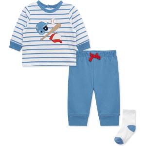 Little Me Baby Boys’ 3-Piece Jogger Set, Crew Neck Shirt, Stripe Pant, and Coordinating Socks, 3 to 24 Months(Silver Lake Blue/White)