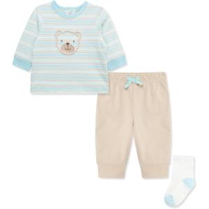 Little Me Baby Boys’ 3-Piece Jogger Set, Crew Neck Shirt, Stripe Pant, and Coordinating Socks, 3 to 24 Months(Smoke Grey/Corydalis Blue)