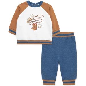 Little Me Clothes for Baby Boys’ 100% Cotton Active Set, Pull on Pants and Sweater, 3 Months to 12 Months(Blue/Western Brown)