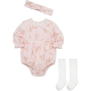 Little Me Clothes for Baby Girls’ Woven Bubble Romper, Matching Headband, and Socks Set, 3 Months to 12 Months(Barely Pink Flower)