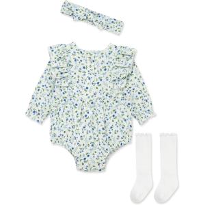 Little Me Clothes for Baby Girls’ Woven Bubble Romper, Matching Headband, and Socks Set, 3 Months to 12 Months(Blue Floral)