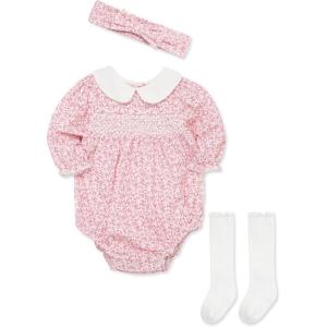 Little Me Clothes for Baby Girls’ Woven Bubble Romper, Matching Headband, and Socks Set, 3 Months to 12 Months(Chateau Rose)
