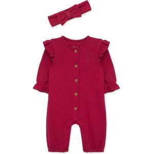 Little Me Simply Essential Solids Clothes for Baby Girls’ Jumpsuit and Coordinating Headband Set, 3 Months to 12 Months(Red Bud)