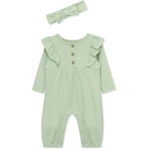 Little Me Simply Essential Solids Clothes for Baby Girls’ Jumpsuit and Coordinating Headband Set, 3 Months to 12 Months(Smoke Green)
