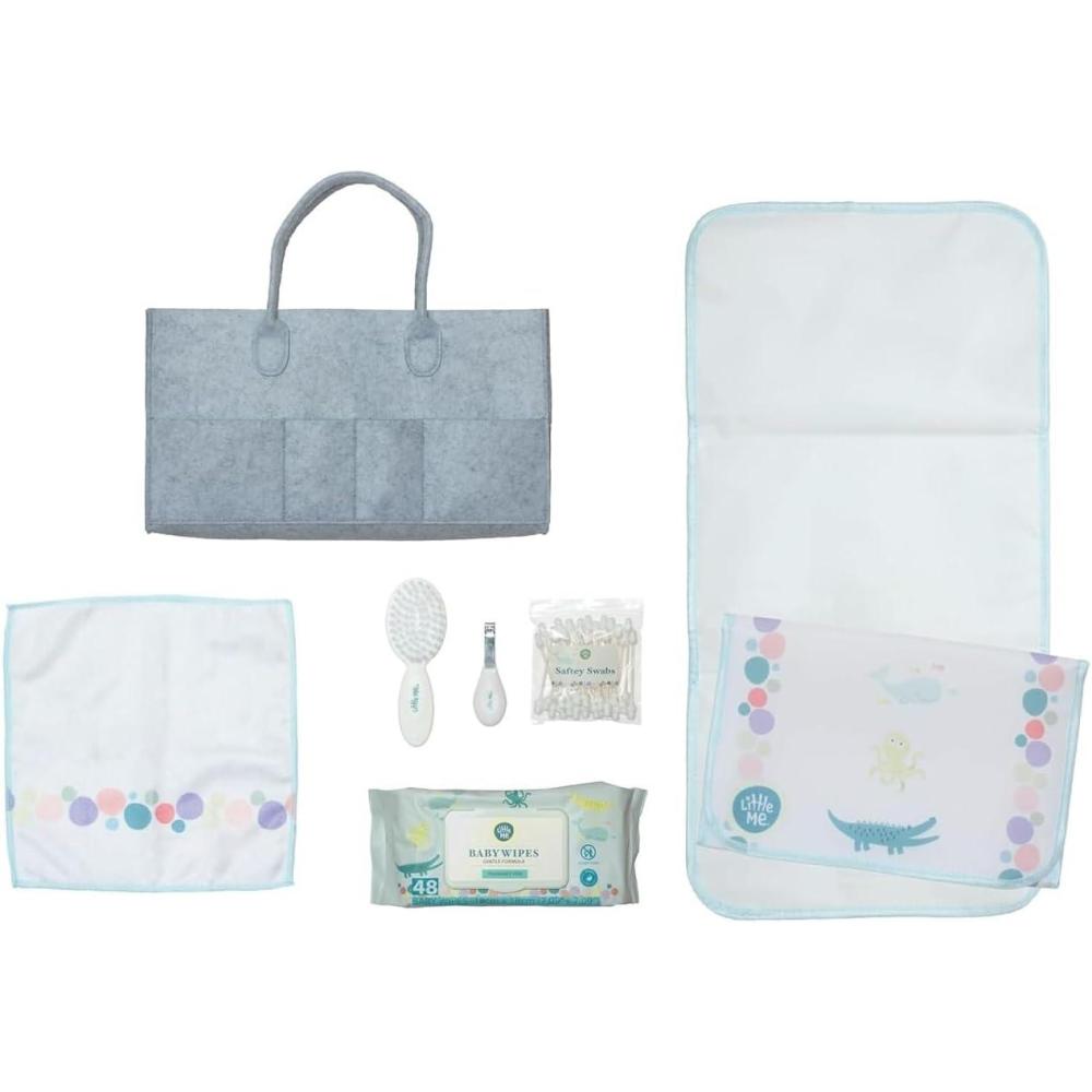 imageLittle Me Accessories Caddy 7Piece Baby Care Bundle with 60 Count Hypoallergenic Wipes Hard Travel Case Portable Changing Pad Soft Wash Cloth Nail Clippers Safety Swabs and Hairbrush