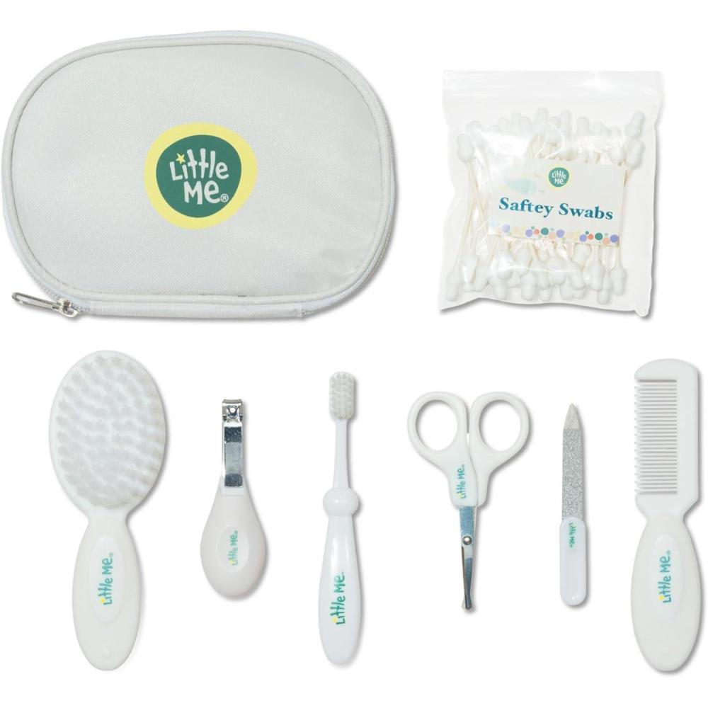 imageLittle Me Baby Grooming Set 8 Piece Essential Kit with Brush Comb Nail Clippers Nail File Toothbrush Safety Swabs and Travel Zipper Pouch Baby Grooming Tools