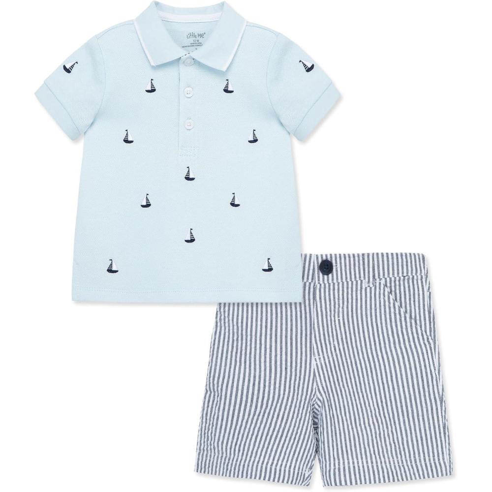 imageLittle Me Clothes for Baby Boys Cotton Polo ShortSleeve and Shorts Set 12 Months 4 ToddlerBlue Sailboat