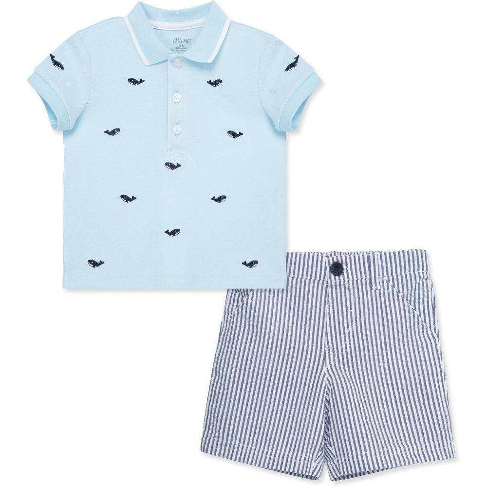 imageLittle Me Clothes for Baby Boys Cotton Polo ShortSleeve and Shorts Set 12 Months 4 ToddlerBlueGray Whale