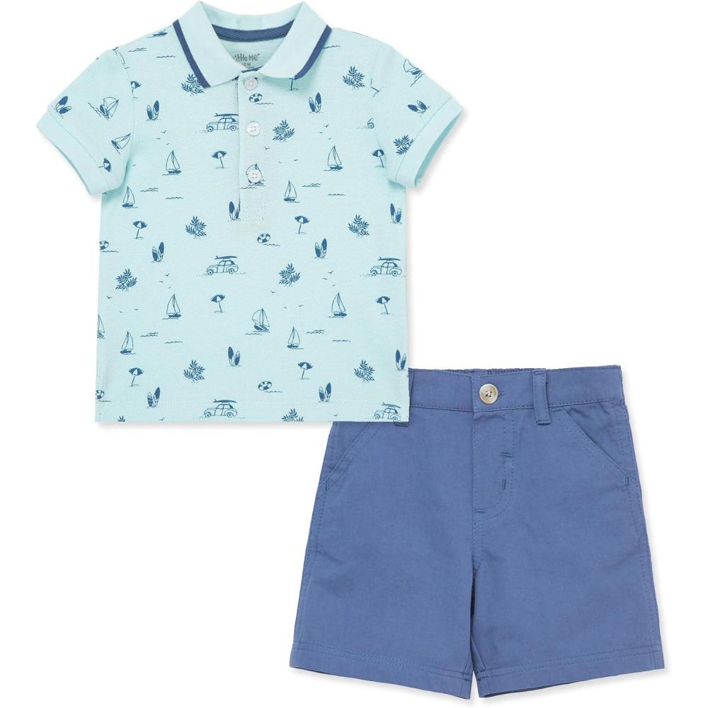 imageLittle Me Clothes for Baby Boys Cotton Polo ShortSleeve and Shorts Set 12 Months 4 ToddlerBlueGreen Beach