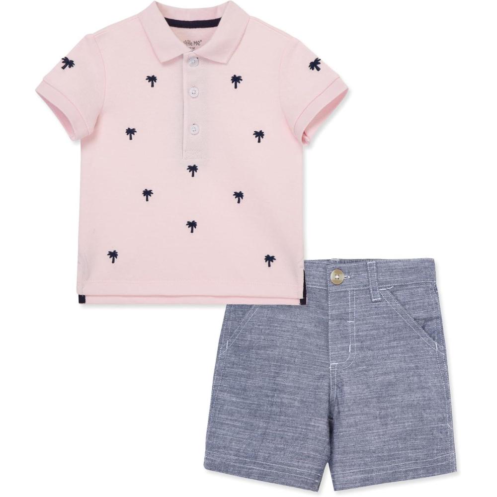 imageLittle Me Clothes for Baby Boys Cotton Polo ShortSleeve and Shorts Set 12 Months 4 ToddlerBluePink Palm