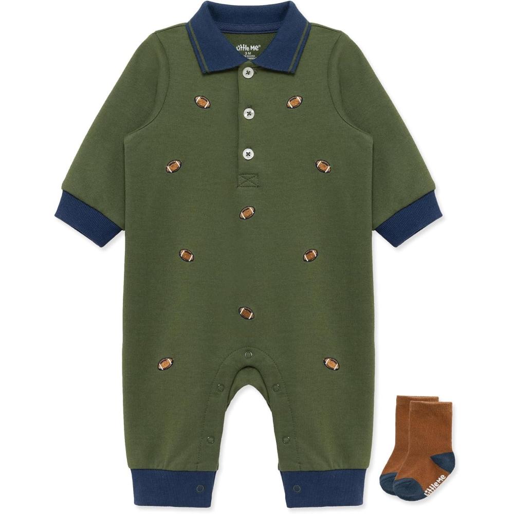 imageLittle Me Clothes for Baby Boys Snap Closure Coverall and Matching Socks Set 3 Months to 12 MonthsBronze Green Insignia Blue