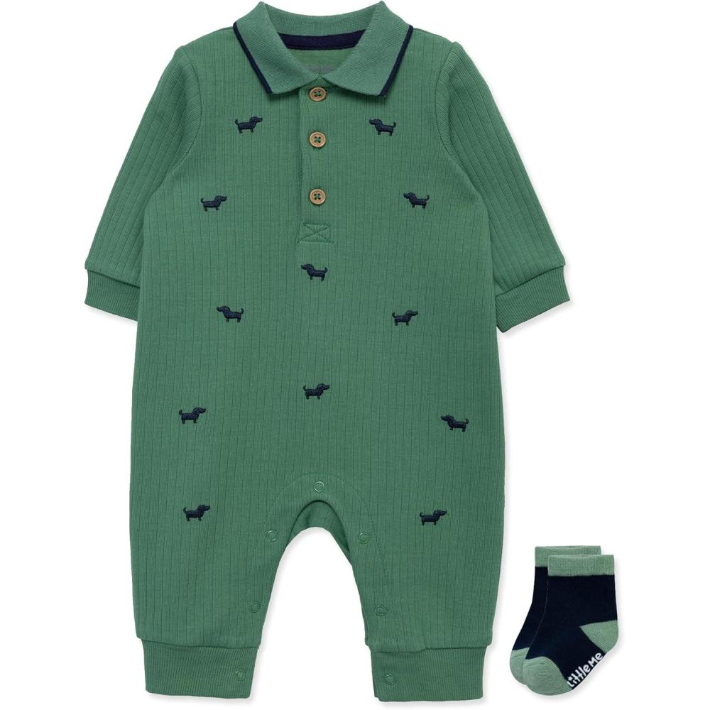 imageLittle Me Clothes for Baby Boys Snap Closure Coverall and Matching Socks Set 3 Months to 12 MonthsDeep Grass Green