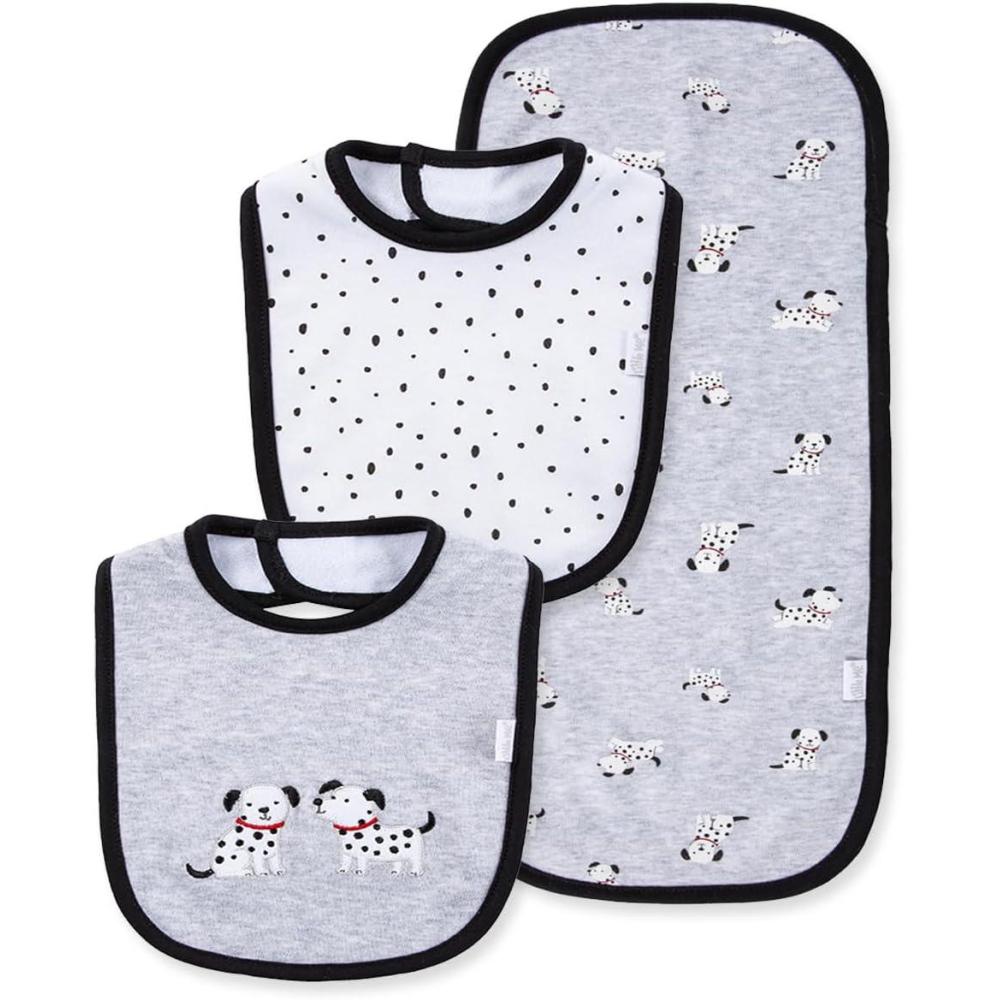 imageLittle Me Clothes for Baby Boys and Girls 2 Bibs and 1 Burp Cloth Set Soft Cotton Feeding Essentials with Velcro ClosuresDalmatian