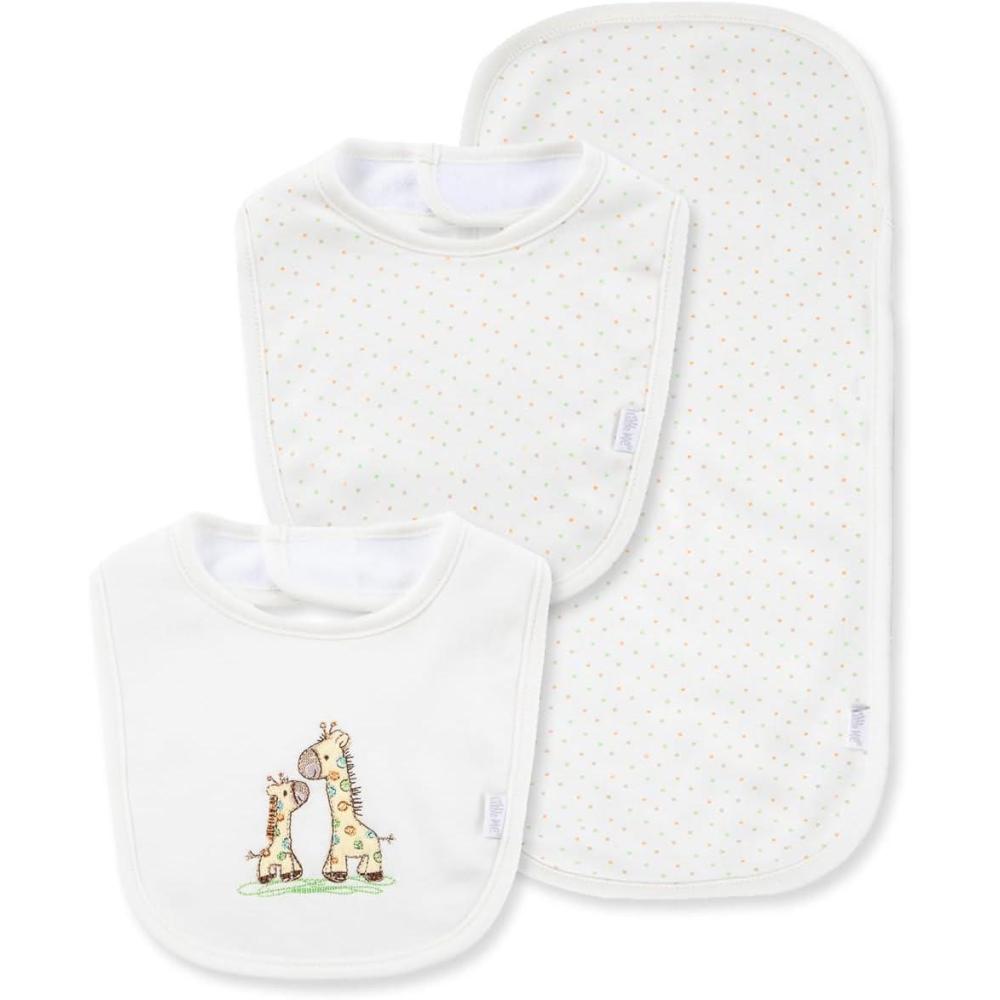 imageLittle Me Clothes for Baby Boys and Girls 2 Bibs and 1 Burp Cloth Set Soft Cotton Feeding Essentials with Velcro ClosuresGiraffe