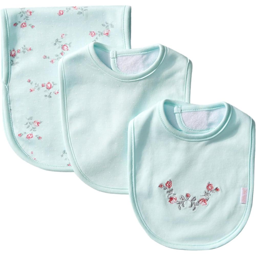 imageLittle Me Clothes for Baby Boys and Girls 2 Bibs and 1 Burp Cloth Set Soft Cotton Feeding Essentials with Velcro ClosuresMint Print