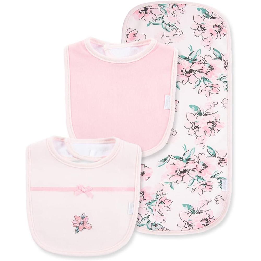 imageLittle Me Clothes for Baby Boys and Girls 2 Bibs and 1 Burp Cloth Set Soft Cotton Feeding Essentials with Velcro ClosuresPink