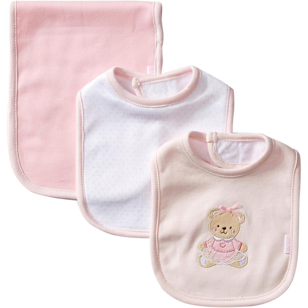 imageLittle Me Clothes for Baby Boys and Girls 2 Bibs and 1 Burp Cloth Set Soft Cotton Feeding Essentials with Velcro ClosuresPinkBear