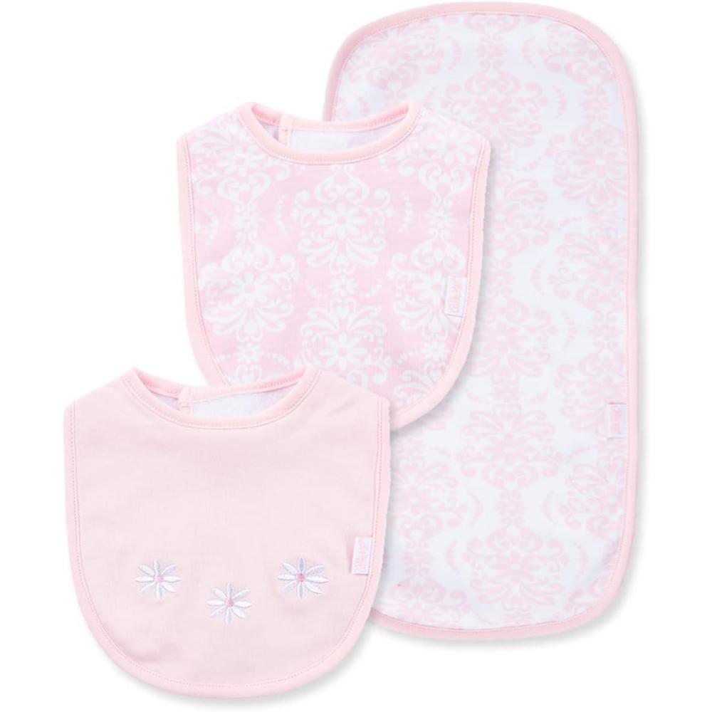 imageLittle Me Clothes for Baby Boys and Girls 2 Bibs and 1 Burp Cloth Set Soft Cotton Feeding Essentials with Velcro ClosuresPinkMulti