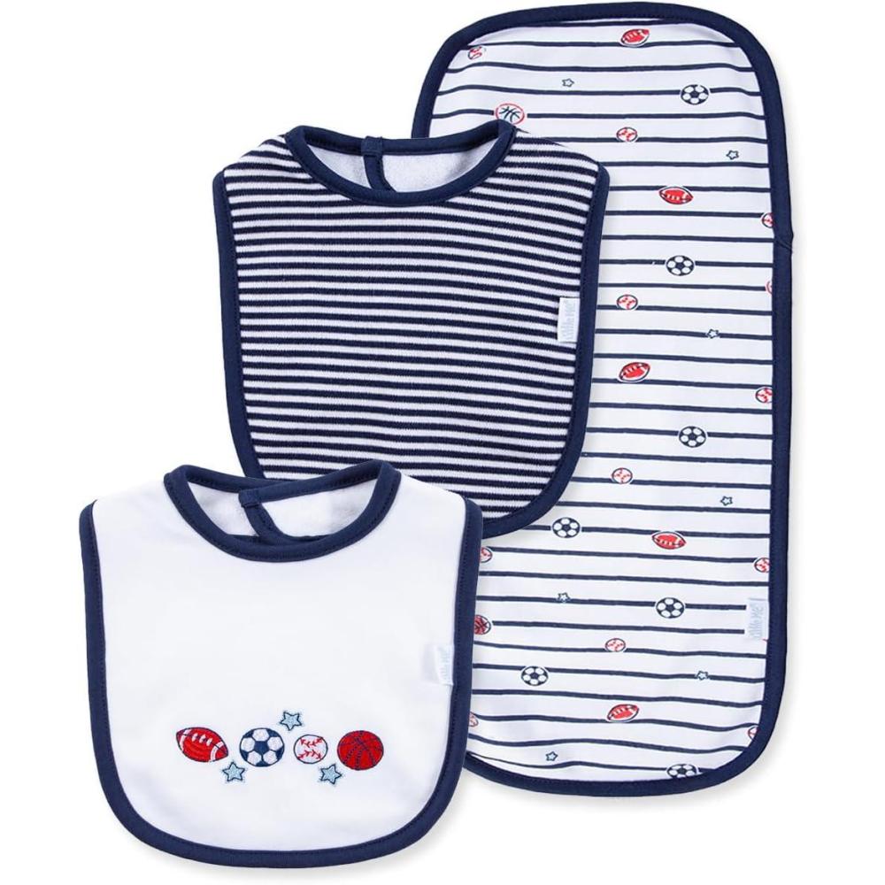 imageLittle Me Clothes for Baby Boys and Girls 2 Bibs and 1 Burp Cloth Set Soft Cotton Feeding Essentials with Velcro ClosuresSports