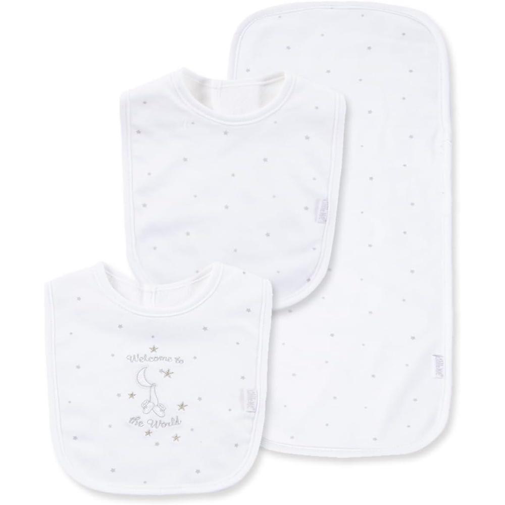 imageLittle Me Clothes for Baby Boys and Girls 2 Bibs and 1 Burp Cloth Set Soft Cotton Feeding Essentials with Velcro ClosuresWhite