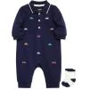 Little Me Clothes for Baby Boys’ Snap Closure Coverall and Matching Socks Set, 3 Months to 12 Months(Peacoat Blue Cars)