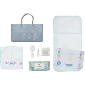 Little Me Accessories Caddy 7-Piece Baby Care Bundle with 60 Count Hypoallergenic Wipes, Hard Travel Case, Portable Changing Pad, Soft Wash Cloth, Nail Clippers, Safety Swabs, and Hairbrush