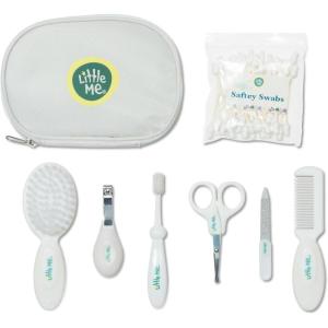 Little Me Baby Grooming Set – 8 Piece Essential Kit with Brush, Comb, Nail Clippers, Nail File, Toothbrush, Safety Swabs, and Travel Zipper Pouch – Baby Grooming Tools