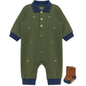 Little Me Clothes for Baby Boys’ Snap Closure Coverall and Matching Socks Set, 3 Months to 12 Months(Bronze Green Insignia Blue)