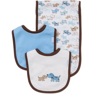 Little Me Clothes for Baby Boys’ and Girls’ 2 Bibs and 1 Burp Cloth Set, Soft Cotton Feeding Essentials with Velcro Closures(Cute Puppies)