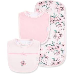 Little Me Clothes for Baby Boys’ and Girls’ 2 Bibs and 1 Burp Cloth Set, Soft Cotton Feeding Essentials with Velcro Closures(Pink)