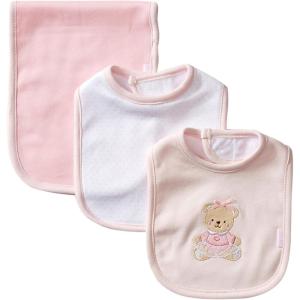 Little Me Clothes for Baby Boys’ and Girls’ 2 Bibs and 1 Burp Cloth Set, Soft Cotton Feeding Essentials with Velcro Closures(Pink/Bear)