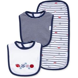 Little Me Clothes for Baby Boys’ and Girls’ 2 Bibs and 1 Burp Cloth Set, Soft Cotton Feeding Essentials with Velcro Closures(Sports)