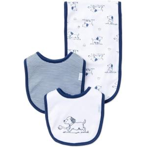 Little Me Clothes for Baby Boys’ and Girls’ 2 Bibs and 1 Burp Cloth Set, Soft Cotton Feeding Essentials with Velcro Closures(White Print/Puppy)