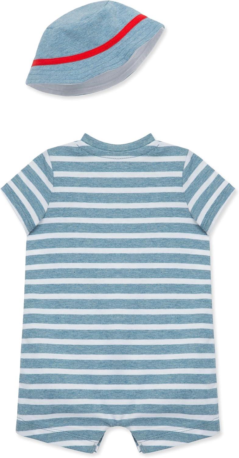imageLittle Me Clothes for Baby Boys Soft Cotton Short Sleeve Romper TShirt and Coordinating Hat Set 3 to 12 MonthsDenim Blue