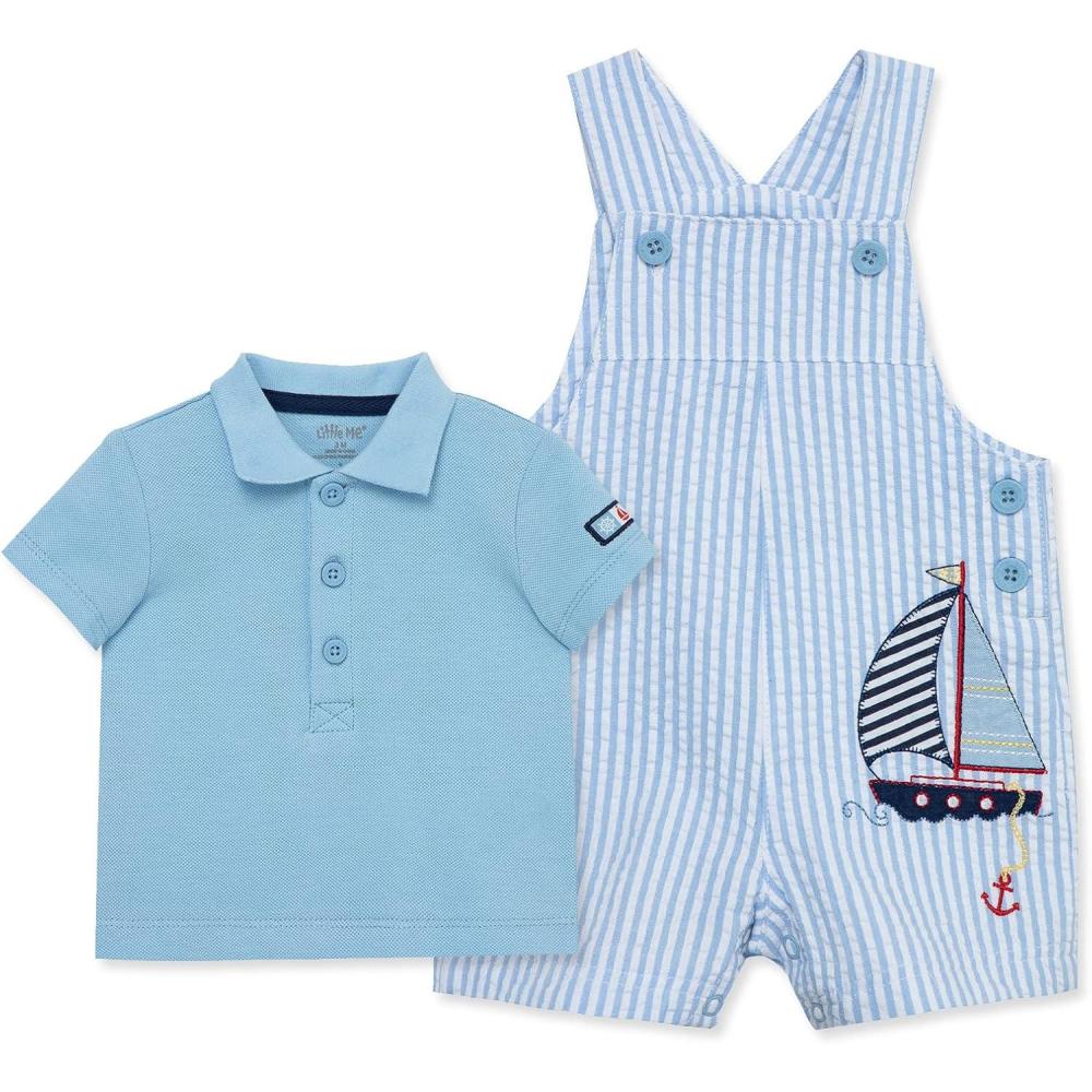 imageLittle Me Baby Boy Shortall Set 2Piece Tee Shirt and Overall Shorts Cute and Comfy OutfitsBlue BellMulti