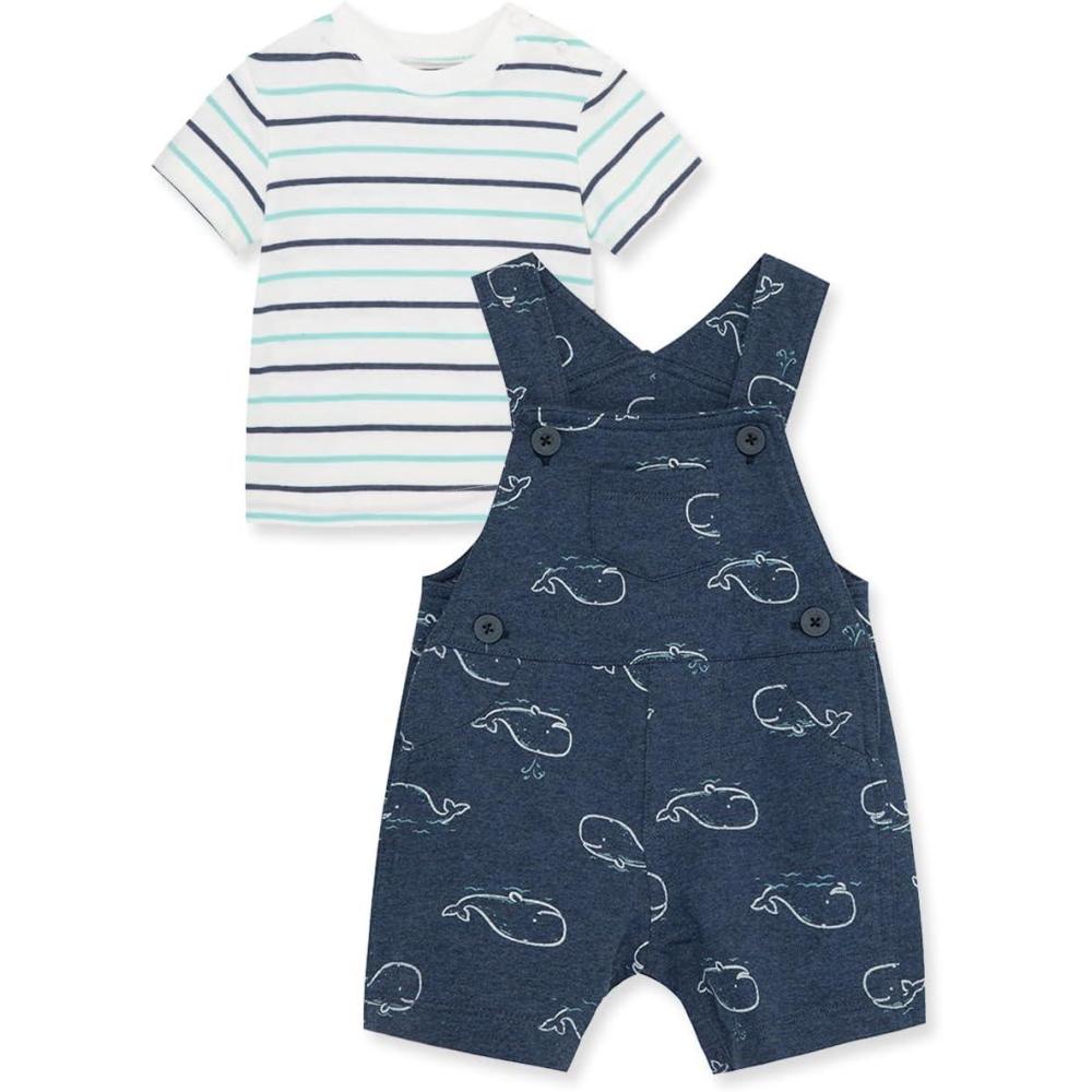 imageLittle Me Baby Boy Shortall Set 2Piece Tee Shirt and Overall Shorts Cute and Comfy OutfitsBlue Whales