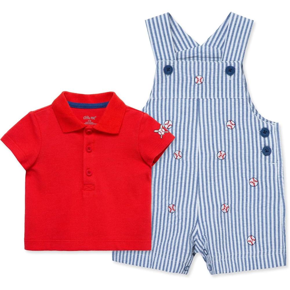 imageLittle Me Baby Boy Shortall Set 2Piece Tee Shirt and Overall Shorts Cute and Comfy OutfitsHigh Risk RedBlue Quartz