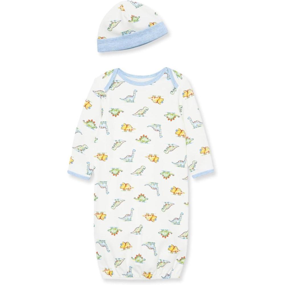 imageLittle Me Clothes for Baby Boys 2Piece Nightgown and Cap Set 100 Cotton with Elastic Bottom Baby Essentials 03 MonthsIvory Multi
