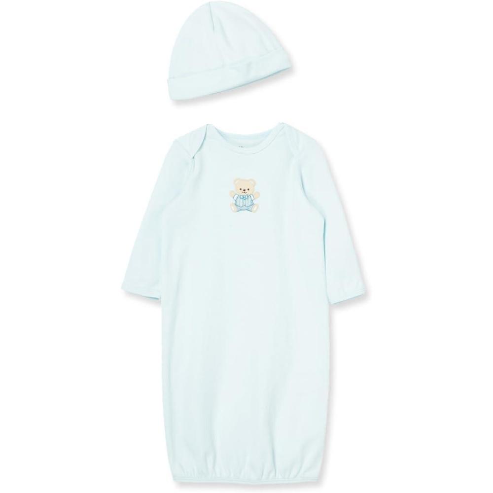 imageLittle Me Clothes for Baby Boys 2Piece Nightgown and Cap Set 100 Cotton with Elastic Bottom Baby Essentials 03 MonthsLight Blue