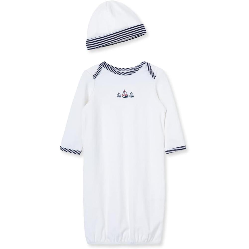 imageLittle Me Clothes for Baby Boys 2Piece Nightgown and Cap Set 100 Cotton with Elastic Bottom Baby Essentials 03 MonthsWhite