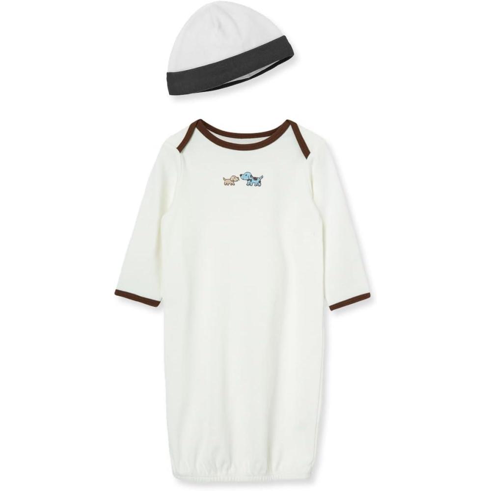 imageLittle Me Clothes for Baby Boys 2Piece Nightgown and Cap Set 100 Cotton with Elastic Bottom Baby Essentials 03 MonthsWhite Print Puppies