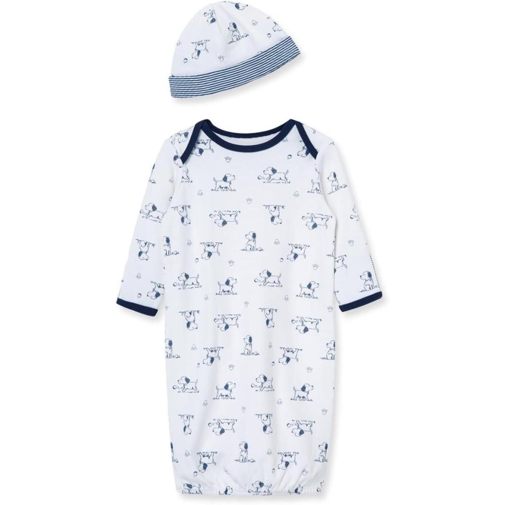imageLittle Me Clothes for Baby Boys 2Piece Nightgown and Cap Set 100 Cotton with Elastic Bottom Baby Essentials 03 MonthsWhite Print Puppy