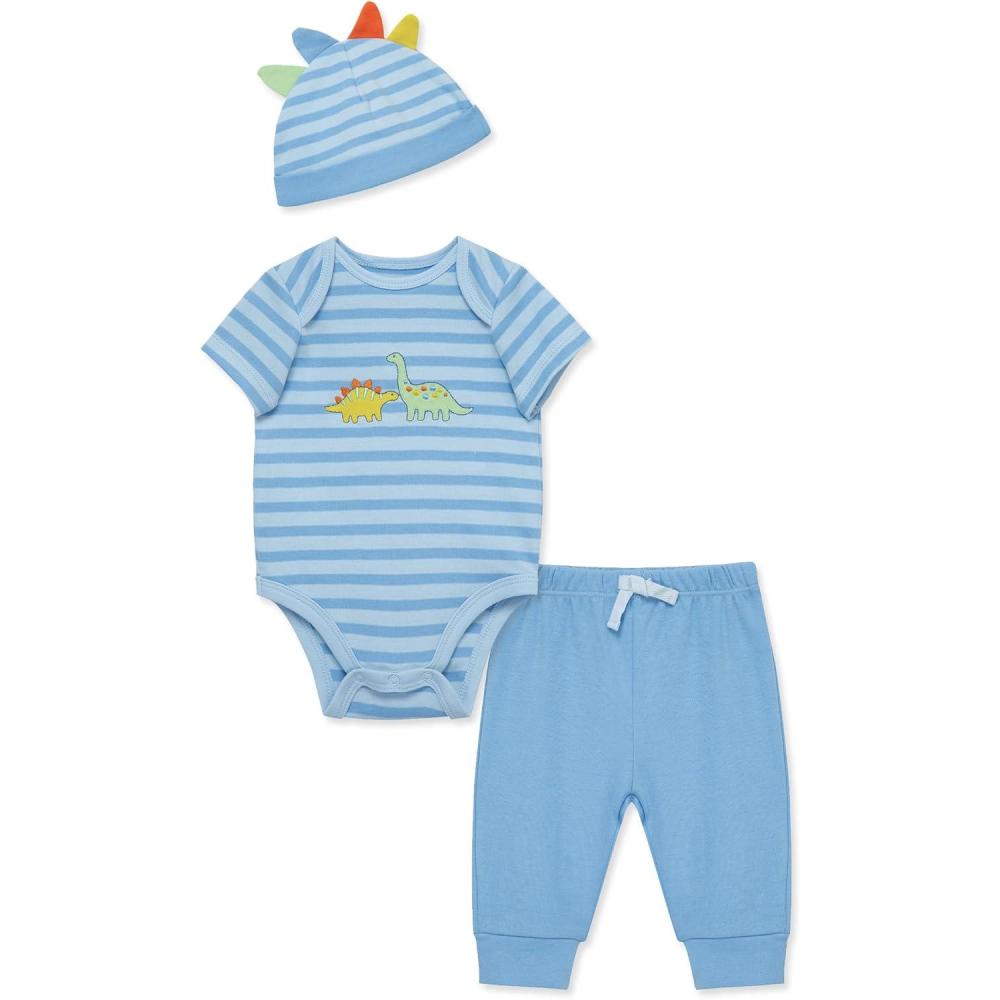imageLittle Me Clothes for Baby Boys Bodysuit Pant and Hat Set 3 Months 12 MonthsBlue Dinos