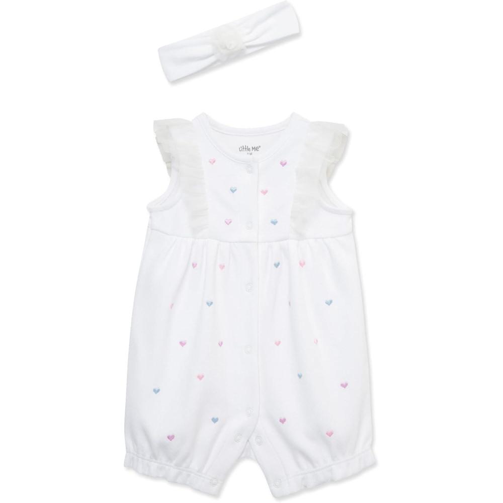imageLittle Me Clothes for Baby Girls 100 Cotton Romper and Headband Set 312 MonthsWhiteMulti